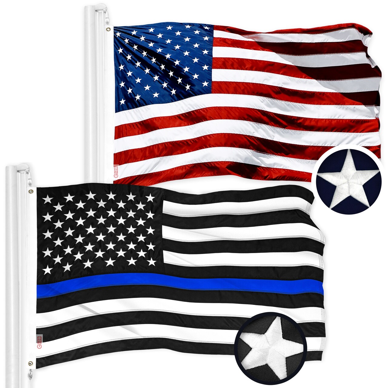 G128 Combo Pack: American USA Flag 1x1.5 Ft & Thin Blue Line Flag 1x1.5 Ft | Both ToughWeave Series Embroidered 300D Polyester, Embroidered Design, Indoor/Outdoor, Brass Grommets